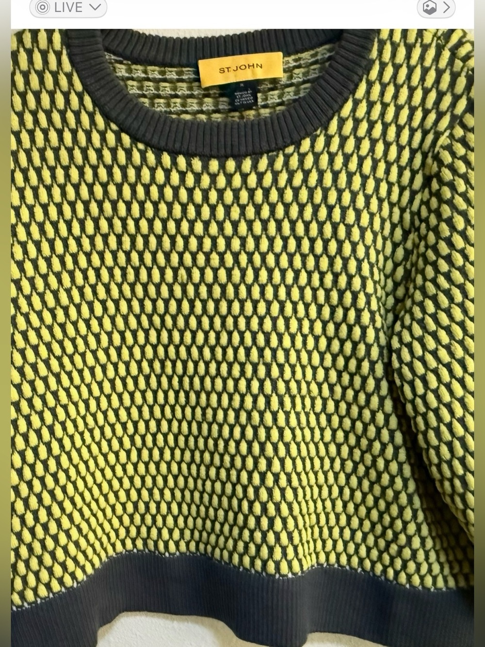 St. John Wool Crop Textured Sweater Yellow & Gray Textured Crewneck Pullover
